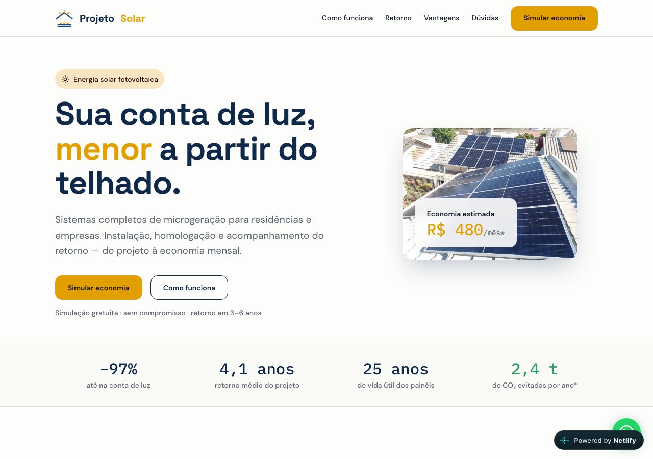 Página inicial do site Projeto Solar sobre energia fotovoltaica