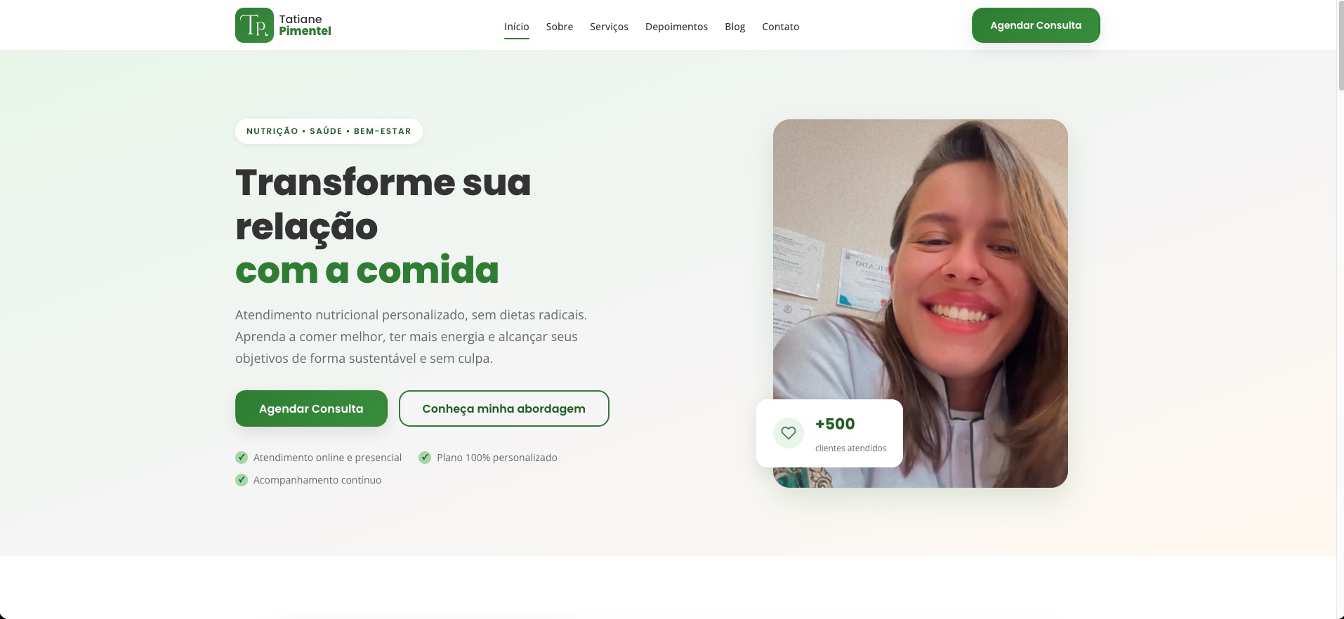 Página inicial do site da nutricionista Tatiane Pimentel
